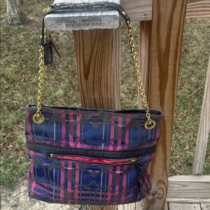Coach Poppy Tartan C Signiture Pink Blue Plaid Snap Chain Tote